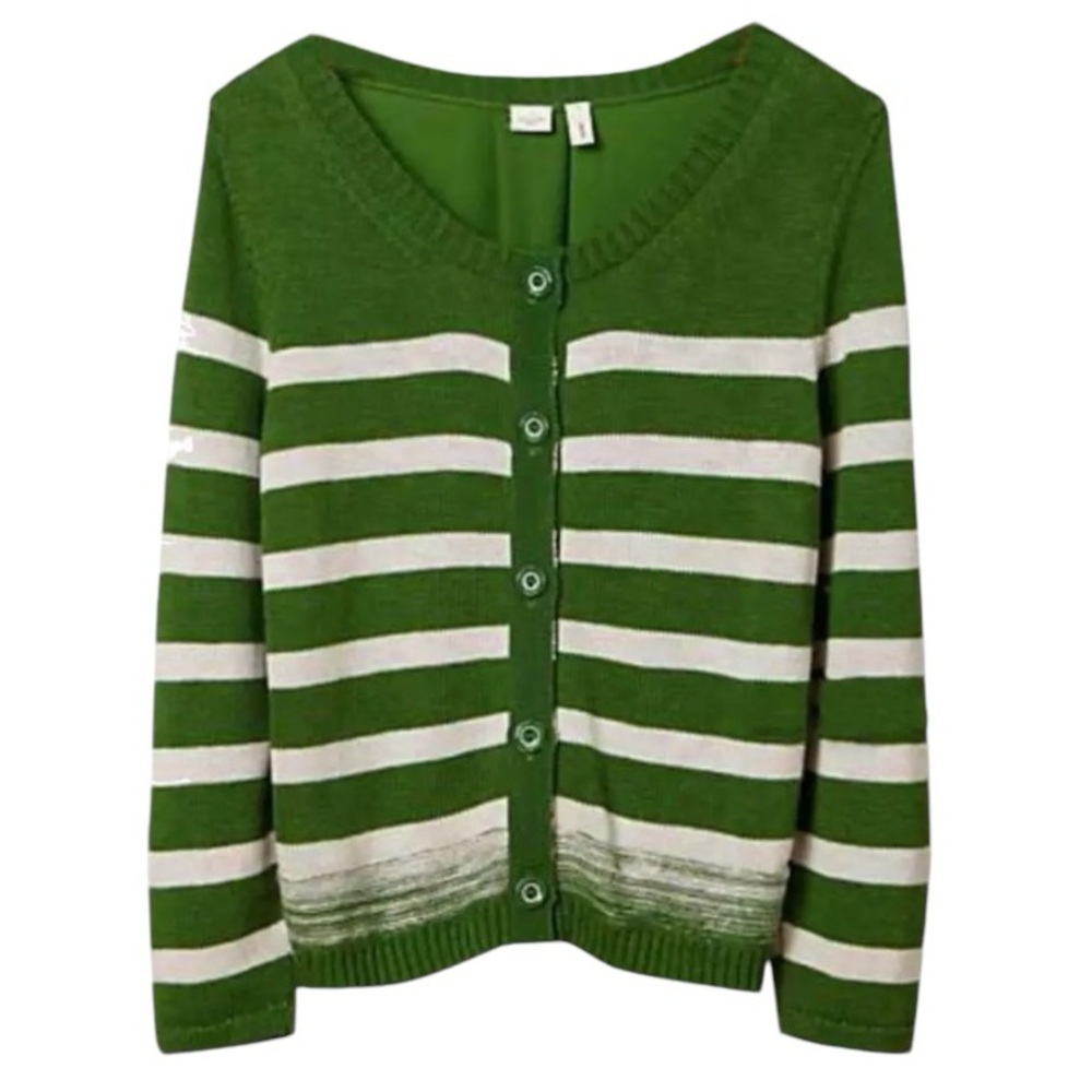 $129 Anthropologie Smooth Back Cardigan Large 10 12 Green White Striped Sweater - Picture 5 of 14